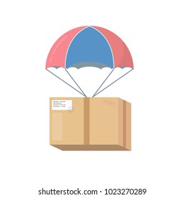 Package cardboard box with attached parachute and ropes. Isolated on white background. Shipping or delivery concept. Present or box for moving. Flat vector illustration.