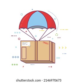 Package cardboard box with attached parachute and ropes. Line style with abstract lines and circles. Shipping or delivery concept. Present or box for moving. Vector illustration.