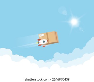 Package cardboard box with attached rockets flying above the clouds. Fast shipping or delivery concept. Cardboard box for moving and packaging. Big box with boosters in sky. Flat vector illustration.