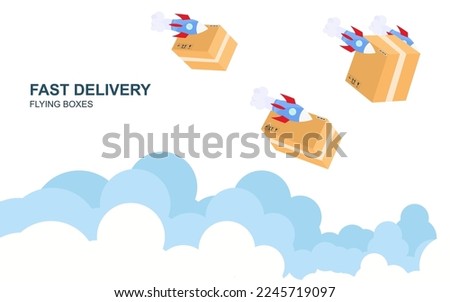 Package cardboard box with attached rockets flying above the clouds. Fast shipping or delivery concept. Cardboard box for moving and packaging. Big box with boosters in sky. Flat vector illustration.
