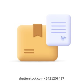 Package cardboard box with document, delivery bill or agreement. Delivery , shipment and logistic service concept. 3d vector icon. Cartoon minimal style.