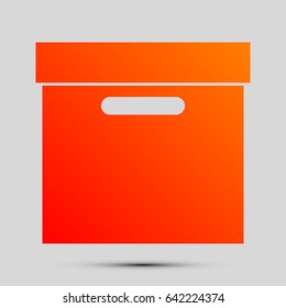 Package Cardboard Box with holders icon. Vector. Orange, red-yellow icon with shadow on gray background.