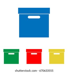 Package Cardboard Box with holders icon. Vector. Big blue flat icon with red, green and yellow small icons at white background. Isolated.