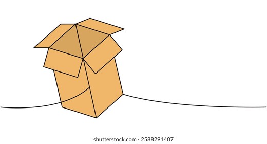 Package cardboard box one line colored continuous drawing. Carton delivery packaging box. Vector illustration.