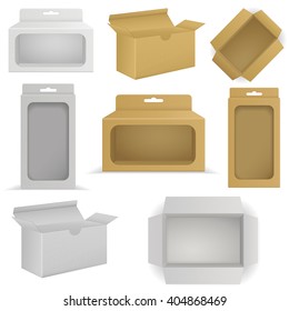Package Cardboard Box with transparent window. Open Carton box. Top view. Vector Illustration isolated on white background. 