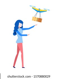 Package carton box flying. Packing of product, goods in container flat style. Delivery with drone. Quadcopter flying over woman and carrying package to customer
