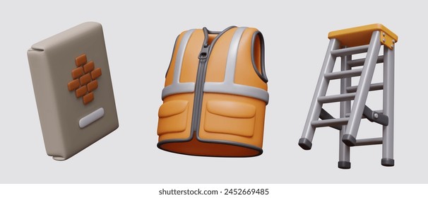 Package with cement, orange vest with reflective stripes, folding ladder