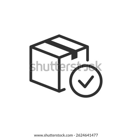 Package with checkmark, linear icon. Verified or successfully delivered parcel. Line with editable stroke.