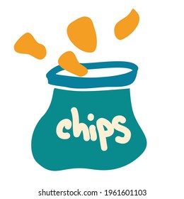 Package with chips in cartoon style. Chips are spilled out of the bag Potato chips. Icon for food and beverage business, potato snack branding element logo vector.