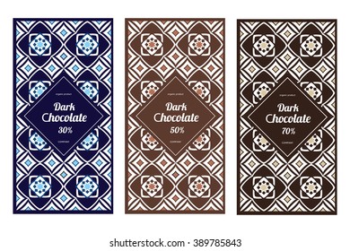 package for a chocolate bar. set of vertical packages of chocolate with different percent of maintenance of cocoa beans