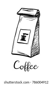 Package of coffee. Ink sketch isolated on white background. Hand drawn vector illustration. Retro style.
