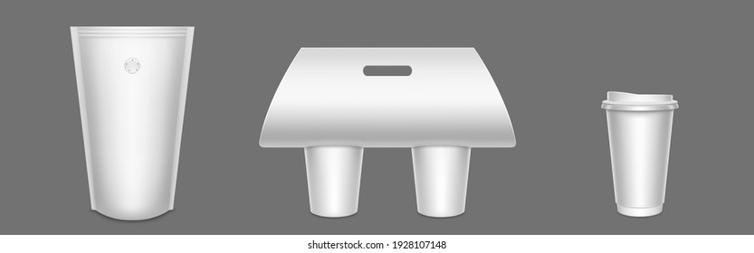 Empaquetado de café, tazas de papel en soporte de caja, taza con tapa de plástico cerrada, doypack con agujeros para aroma de prueba. Calle quitando el embalaje en blanco para bebidas calientes, paquete de mofa de vectores 3d realista
