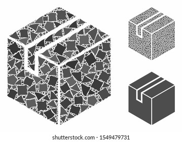 Package composition of trembly parts in variable sizes and color hues, based on package icon. Vector trembly dots are composed into collage. Package icons collage with dotted pattern.