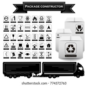 Package constructor. Packaging symbols.  Icon set including waste recycling, fragile, flammable, this side up, handle with care, keep dry and others. Vector illustration