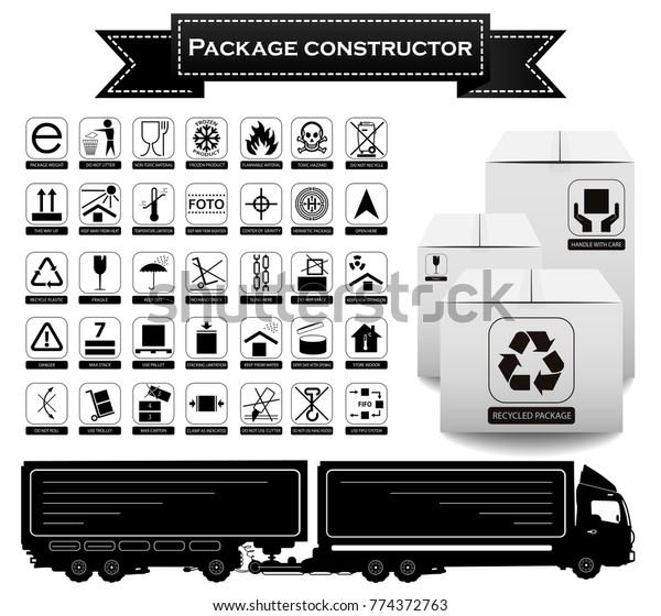 Package constructor.
Packaging symbols.  Icon set including waste recycling, fragile,
flammable, this side up, handle with care, keep dry and others.
Vector illustration
