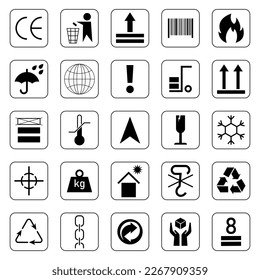 Package constructor signs. Cardboard packaging symbols set. Open here, recycled, fragile, protect from heat, flammable, this way up, handle with care, temperature, keep dry, place slinging.