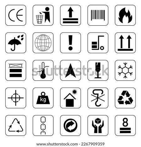 Package constructor signs. Cardboard packaging symbols set. Open here, recycled, fragile, protect from heat, flammable, this way up, handle with care, temperature, keep dry, place slinging.