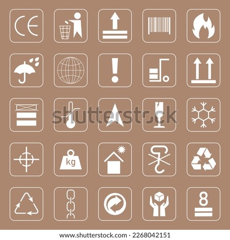 Package constructor signs. Cardboard packaging symbols set. Open here, recycled, fragile, protect from heat, flammable, this way up, handle with care, temperature, keep dry, place slinging.