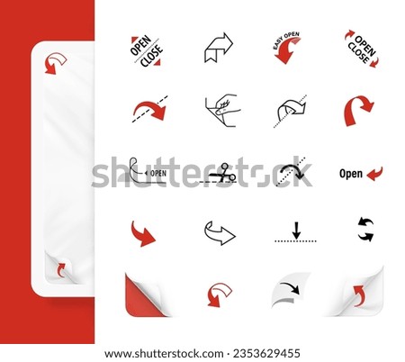 Package corner arrows icons set. Vector illustration. Set for packages, shows opening, closing, tearing and cutting. EPS10.