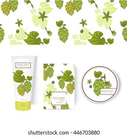 Package cosmetic concept with green hops. Design gallery: tube, jar, box in realistic style. Vector illustration in woodcut style.