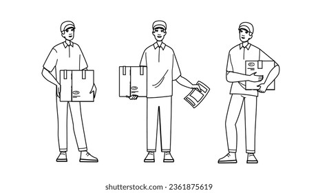 package courier box vector. render parcel, carton shop, gift open package courier box character. people black line illustration