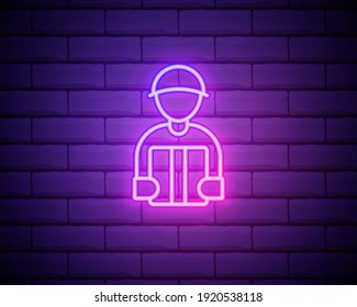 Signo de neón de Courier de paquete. Ilustración vectorial de la promoción de entrega aislada en pared de ladrillo.