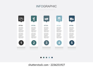 package, courier, ship by sea, parcel insurance, express delivery icons Infographic design template. Creative concept with 5 steps