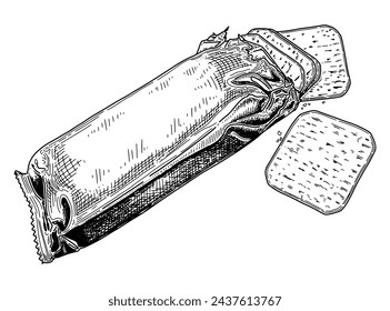 Package with cracker cookies, sketch. Baked food for snacking. Hand drawn vector illustration.