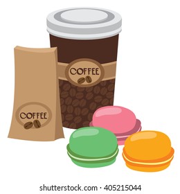 Package, cup of coffee and macaroon. Color illustration of desserts and pastries.