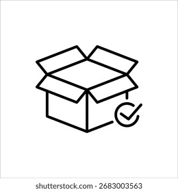 Package delivered confirmation icon . Package with checkmark, linear icon. Verified or successfully delivered parcel. Isolated on white background.