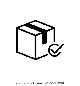 Bestätigungssymbol für Paketlieferung. Paket mit Markierung, lineares Symbol. Geprüftes oder erfolgreich geliefertes Paket. Einzeln auf weißem Hintergrund.