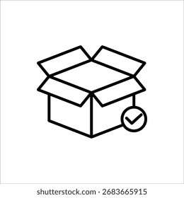 Bestätigungssymbol für Paketlieferung. Paket mit Markierung, lineares Symbol. Geprüftes oder erfolgreich geliefertes Paket. Einzeln auf weißem Hintergrund.