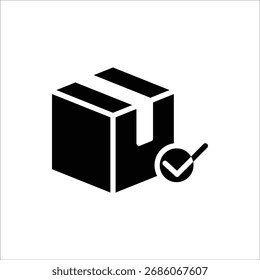 Bestätigungssymbol für Paketlieferung. Paket mit Markierung, lineares Symbol. Geprüftes oder erfolgreich geliefertes Paket. Einzeln auf weißem Hintergrund.