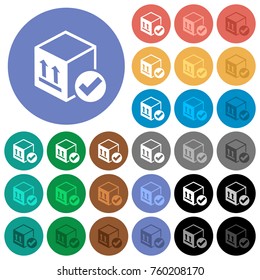 Package delivered multi colored flat icons on round backgrounds. Included white, light and dark icon variations for hover and active status effects, and bonus shades on black backgounds.