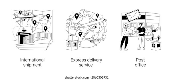 Package delivery abstract concept vector illustration set. International shipment, express delivery service, post office, parcel tracking, e-commerce online order, courier service abstract metaphor.