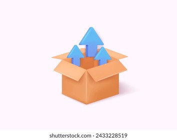 Package, delivery box, cargo box. Cargo distribution, export box icons. Shipment of goods, open package. 3D Vector Illustrations.