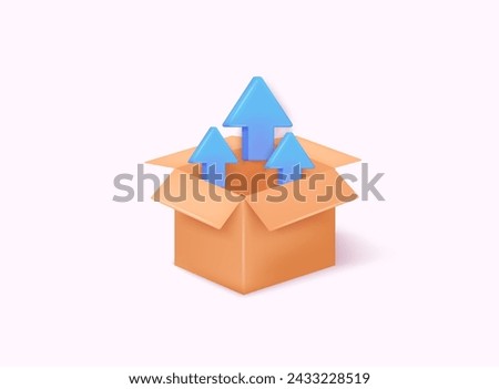 Package, delivery box, cargo box. Cargo distribution, export box icons. Shipment of goods, open package. 3D Vector Illustrations.