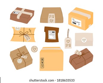 Package delivery box and eco friendly gift packaging with label sticker and thank you card collection. Flat vector illustration. Thanksgiving concept