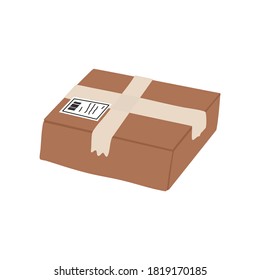 Caja de entrega de paquetes y embalaje de regalo ecológico con etiqueta de envío .Ilustración de vector plano dibujada a mano. Concepto de Acción de Gracias