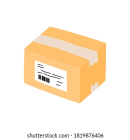 Caja de entrega de paquetes con ilustración vectorial dibujada a mano por la etiqueta de envío.