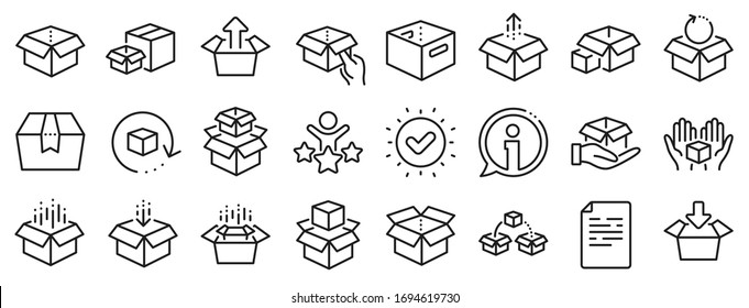 Package, delivery boxes, cargo box. Box line icons. Cargo distribution, export boxes, return parcel icons. Shipment of goods, purchase container, open package. Logistics goods. Vector