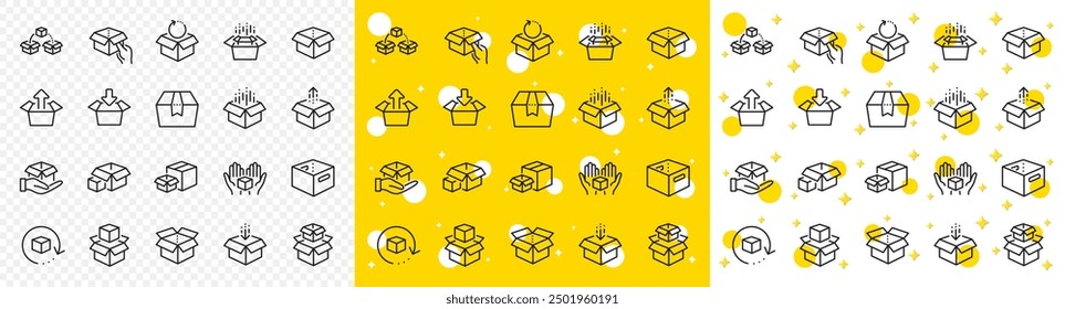 Package, delivery boxes, cargo box. Box line icons. Cargo distribution, export boxes, return parcel icons. Shipment of goods, purchase container, open package. Logistics goods. Vector