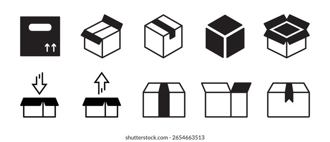 Paquete, cajas de entrega, caja de carga. Iconos de línea de caja. Distribución de carga, cajas de exportación, iconos de paquetes de devolución. Envío de mercancías, contenedor de compra, paquete abierto. Bienes logísticos. Vector