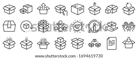 Package, delivery boxes, cargo box. Box line icons. Cargo distribution, export boxes, return parcel icons. Shipment of goods, purchase container, open package. Logistics goods. Vector