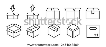 Package, delivery boxes, cargo box. Box line icons. Cargo distribution, export boxes, return parcel icons. Shipment of goods, purchase container, open package. Logistics goods. Vector