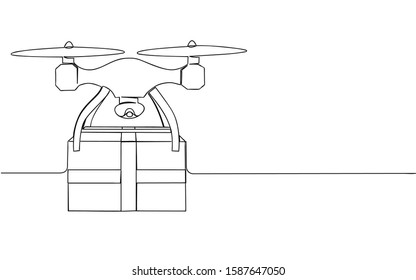 Package delivery by quad copter. Isolated stock vector illustration drawn in one line.