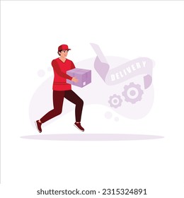 Package delivery, carrying boxes filled with packages, delivering packages with enthusiasm, and providing good service. Trend modern vector flat illustration.
