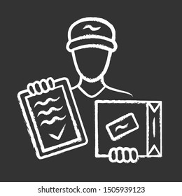 Package delivery chalk icon. Courier service. Parcel delivering. Deliveryman with box and invoice. Postman holding cardboard package. Postal service, shipping. Isolated vector chalkboard illustration