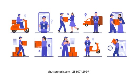Package delivery concept flat illustration set. Includes of courier services, door-to-door delivery, and package shipping. Vector illustration isolated transparent background