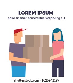Package Delivery Concept. Delivery man giving cardboard box to a girl vector illustration.